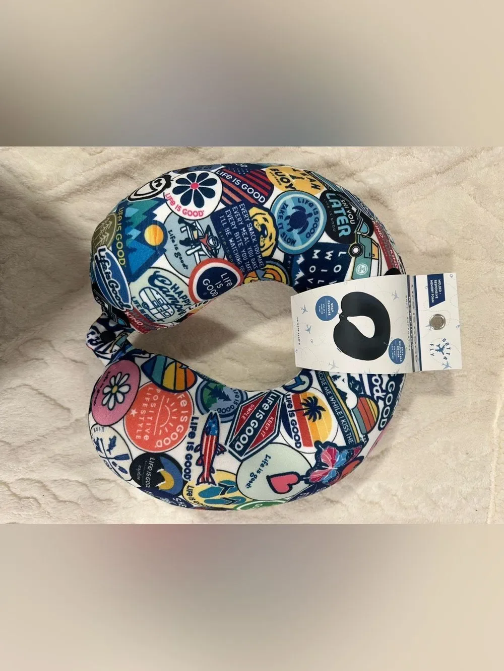 Life is Good Memory Foam Travel Soft Supportive Travel Stickers Neck Pillow
